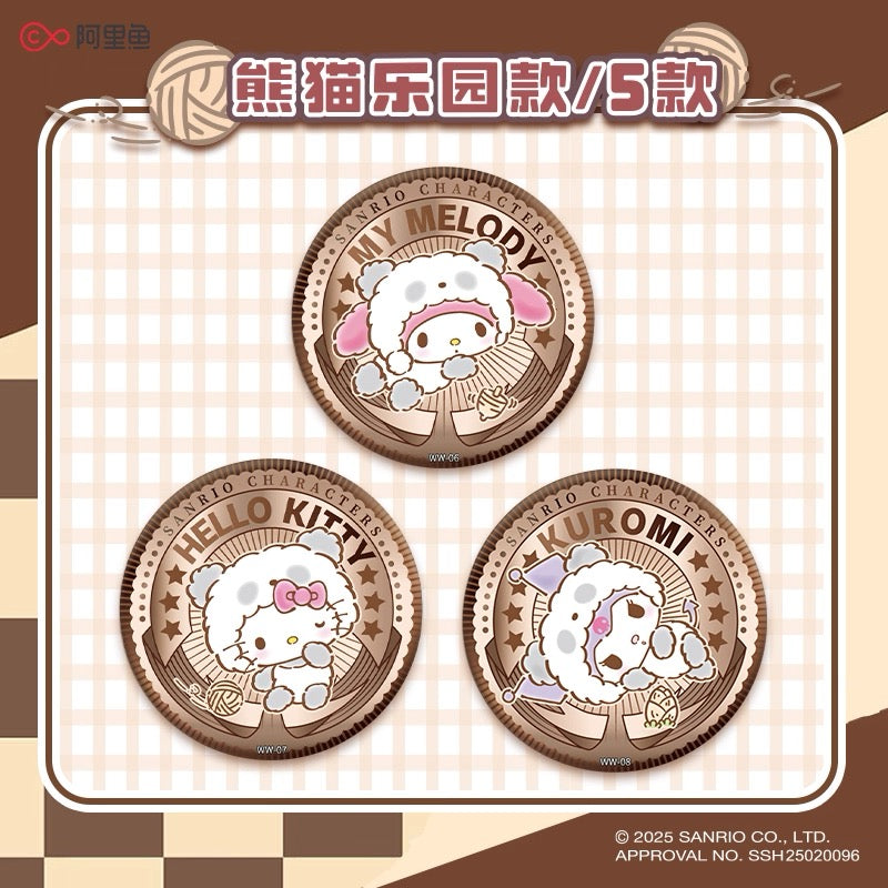 A complete box of 6 genuine Sanrio Family Cotton Doll Badges from the Card Game series (tin styling).
