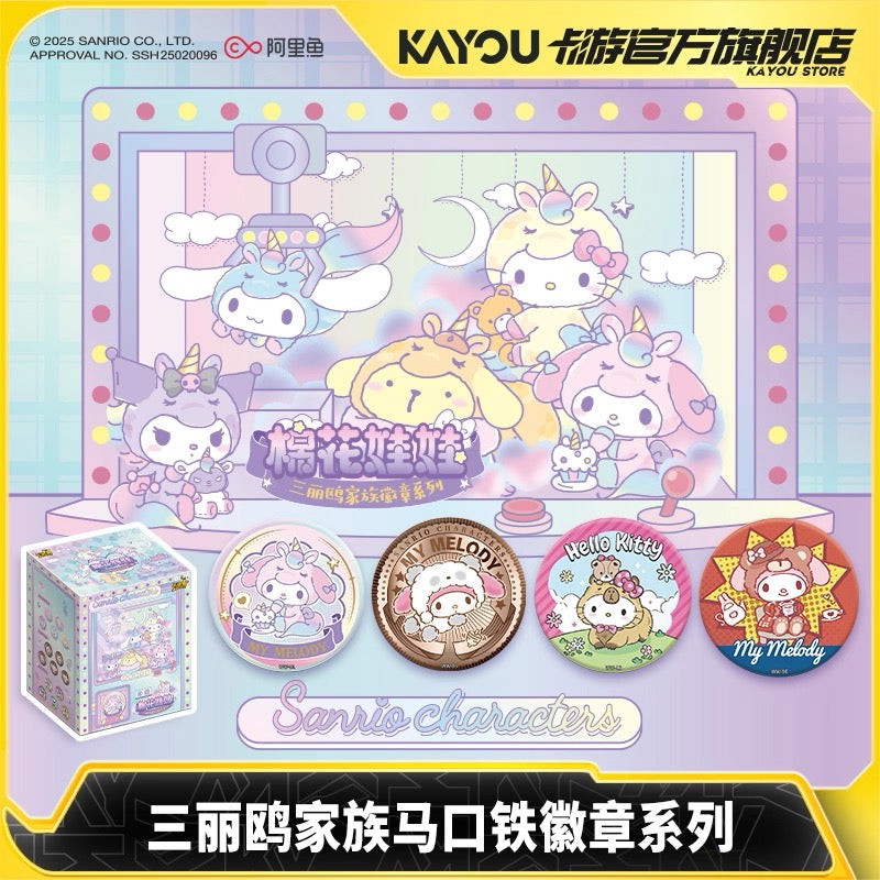 A complete box of 6 genuine Sanrio Family Cotton Doll Badges from the Card Game series (tin styling).