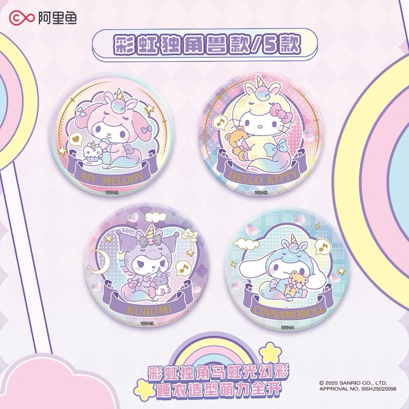 A complete box of 6 genuine Sanrio Family Cotton Doll Badges from the Card Game series (tin styling).
