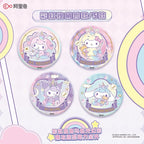 A complete box of 6 genuine Sanrio Family Cotton Doll Badges from the Card Game series (tin styling).
